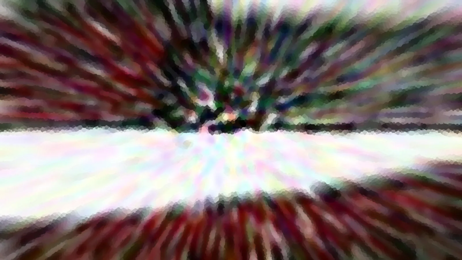 Abstrakte Komposition mit radial verlaufenden Farbstreifen in Grün, Rot und Weiß, oben dunkel, in der Mitte ein heller horizontaler Streifen, mosaikartige Kantenstruktur.