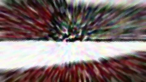 Abstrakte Komposition mit radial verlaufenden Farbstreifen in Grün, Rot und Weiß, oben dunkel, in der Mitte ein heller horizontaler Streifen, mosaikartige Kantenstruktur.