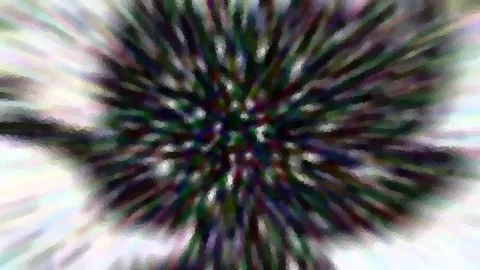 Abstrakte Aufnahme mit radialer Unschärfe: Ein dunkles Zentrum aus grünen, violetten und weißen Streifen strahlt nach außen auf hellem, verwischtem Hintergrund.