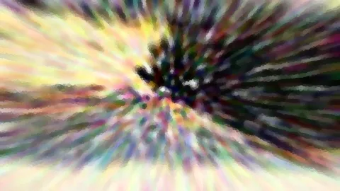 Radial verwischte Farbstreifen in Gelb, Grün, Violett und Weiß, die von einem dunklen Zentrum oben in der Mitte ausstrahlen.