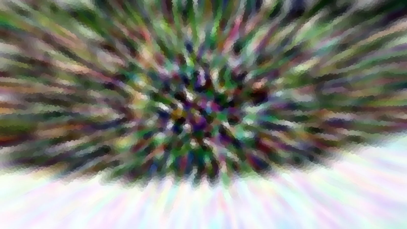 Abstrakte, radial verwischte Farbexplosion in Grün, Violett und Weiß mit mosaikartiger Struktur.