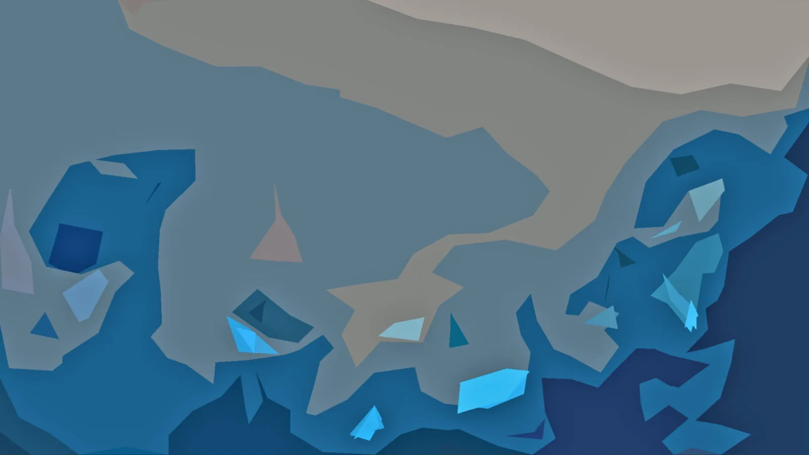 Abstrakte Komposition aus blauen, grauen und beigen Polygonen, die an eine Karte oder Landschaft erinnern.