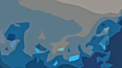 Abstrakte Komposition aus blauen, grauen und beigen Polygonen, die an eine Karte oder Landschaft erinnern.