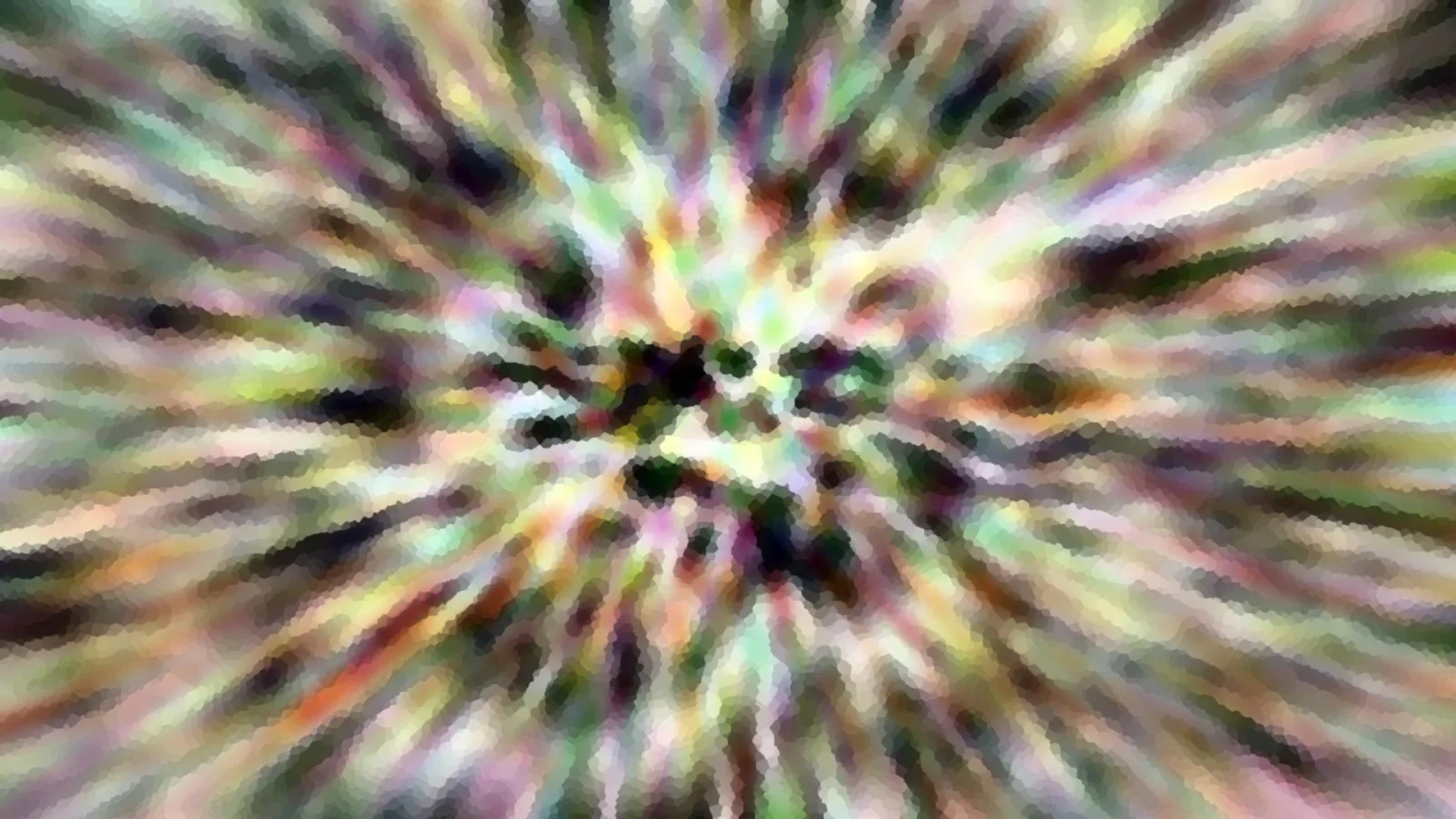 Abstrakte, pastellfarbene Streifen laufen radial von einem dunklen Zentrum nach außen und wirken durch Mosaik-Pixel verwischt.