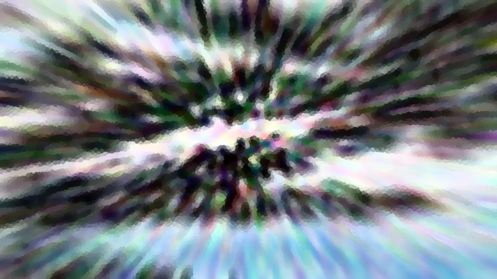 Abstraktes Bild mit radialer Unschärfe: Helle und dunkle Schlieren laufen von einem zentralen Punkt nach außen, durchsetzt mit Grün-, Violett- und Blautönen sowie einem mosaikartigen Raster.