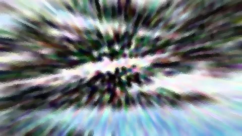 Abstraktes Bild mit radialer Unschärfe: Helle und dunkle Schlieren laufen von einem zentralen Punkt nach außen, durchsetzt mit Grün-, Violett- und Blautönen sowie einem mosaikartigen Raster.