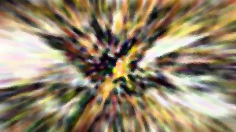 Abstrakte Komposition aus bunten Streifen, die vom Zentrum radial nach außen strahlen, mosaikartig verpixelt.