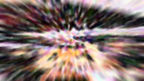 Abstraktes Bild mit radialer Unschärfe, das von einem hellen Zentrum in Rosa, Orange und Weiß nach außen in dunkle Grüntöne und Violett ausstrahlt, durchzogen von einem feinen Mosaikraster.