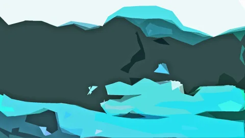 Abstrakte Berglandschaft aus flächigen, türkisen und dunkelgrünen Dreiecken unter einem hellen Himmel
