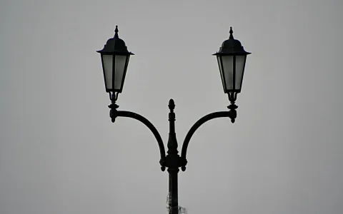Schwarze Straßenlaterne mit zwei Laternen und verzierten Armen vor grauem Himmel, symmetrisch aufgebaut.