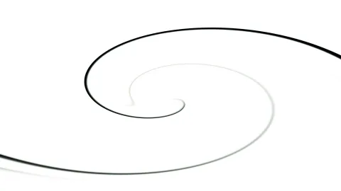 Eine schwarze, nach innen gewundene Spirale auf weißem Hintergrund, die sich von der unteren linken Ecke bis zur Mitte des Bildes zieht und in einem dünner werdenden Ende ausläuft.