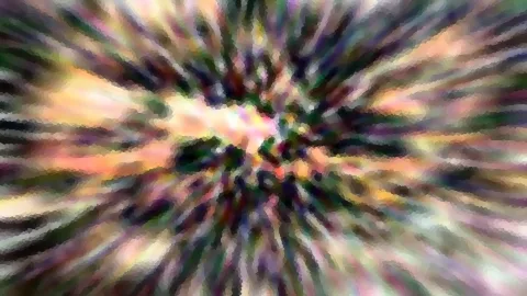 Abstrakte Komposition aus pastellfarbenen Streifen in Rosa, Grün, Orange und Violett, die von einem hellen Zentrum radial nach außen verlaufen und mosaikartig verpixelt sind.