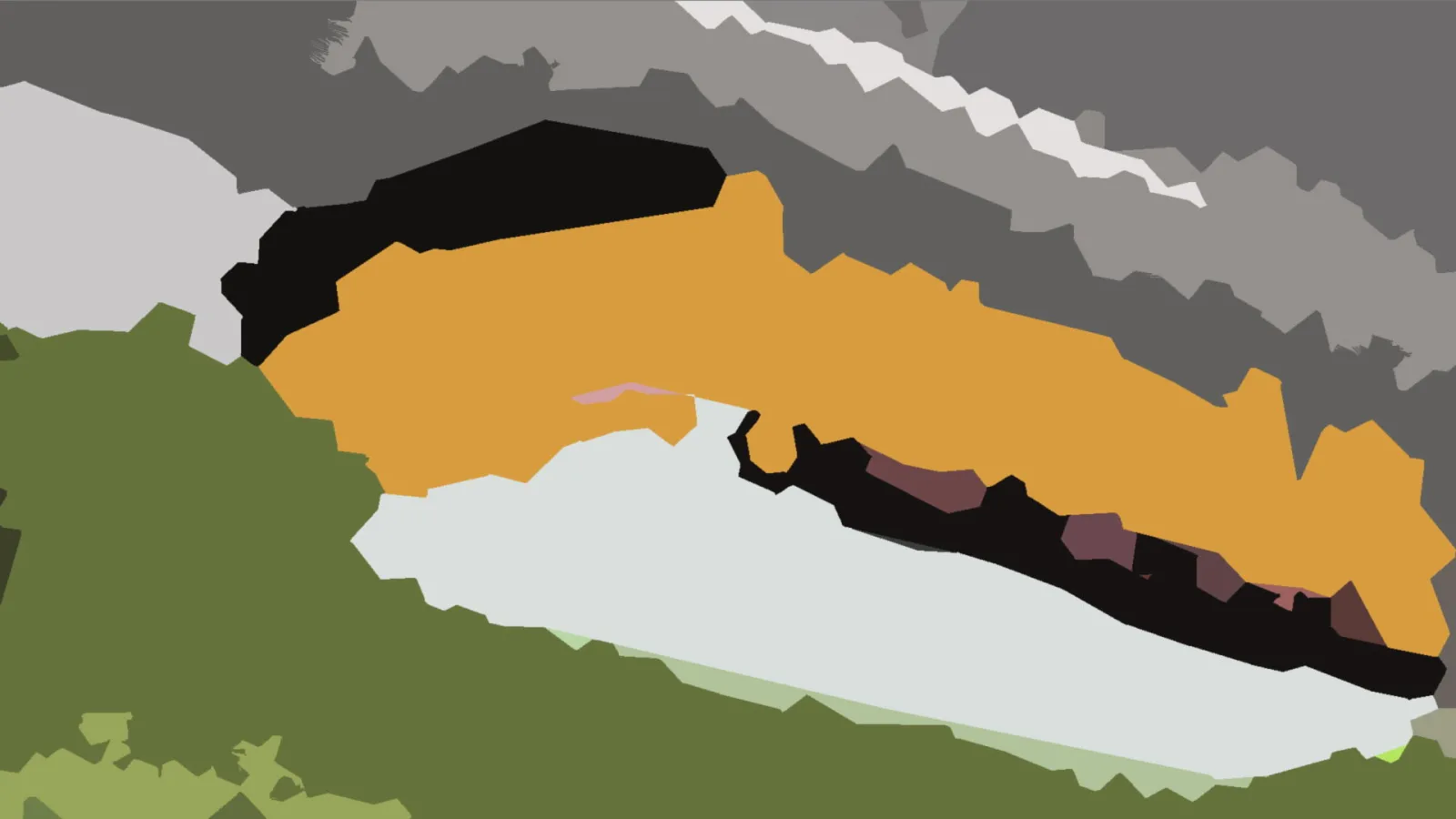 Abstrakte Komposition aus flachen, kantigen Flächen in Grau, Orange, Schwarz, Weiß und Olivgrün, die an eine Berglandschaft erinnert.