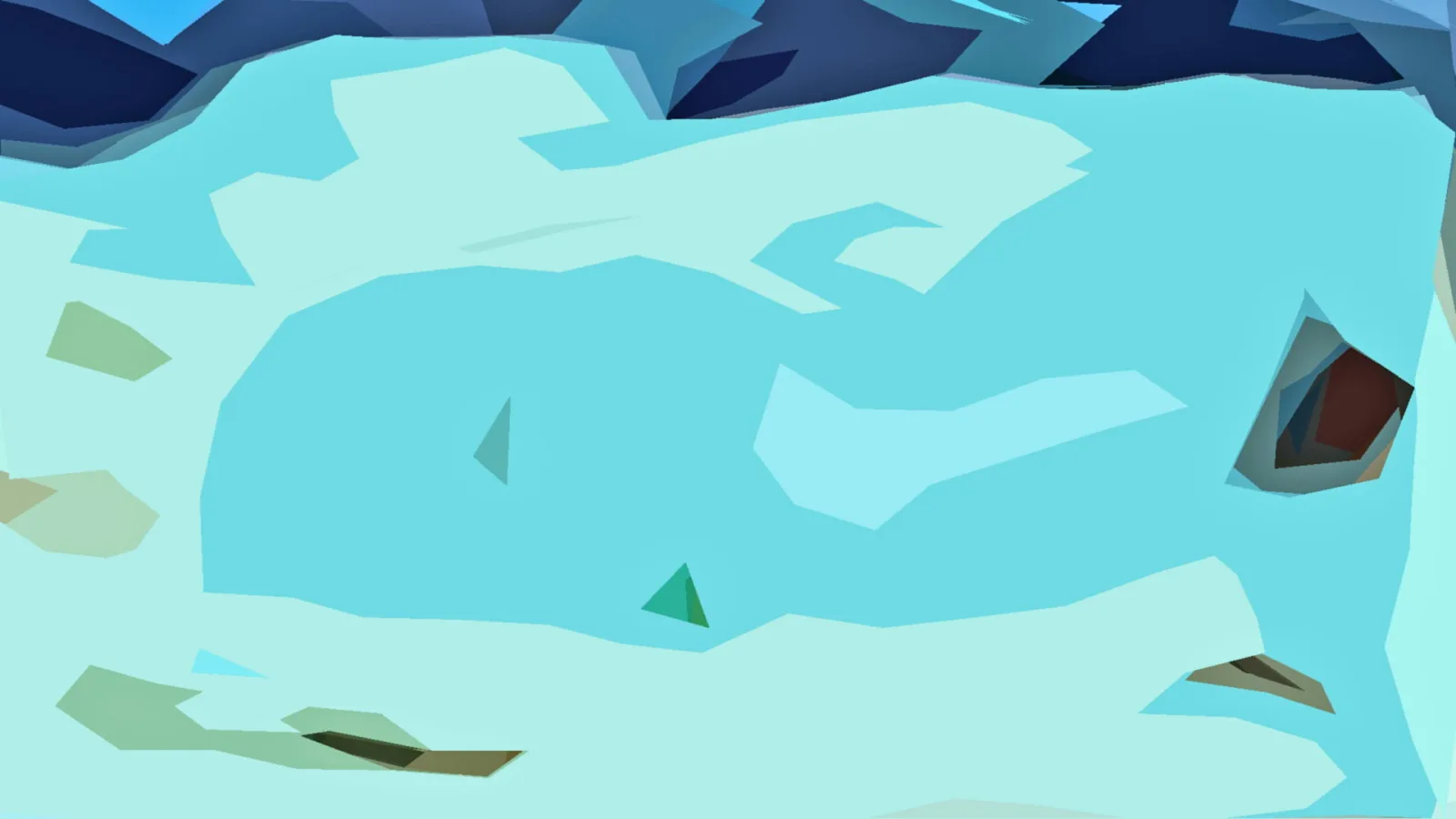 Abstrakte Low-Poly-Landschaft in Türkis mit dunkelblauen Gebirgszacken am oberen Rand und braunen Felsformen rechts und links.