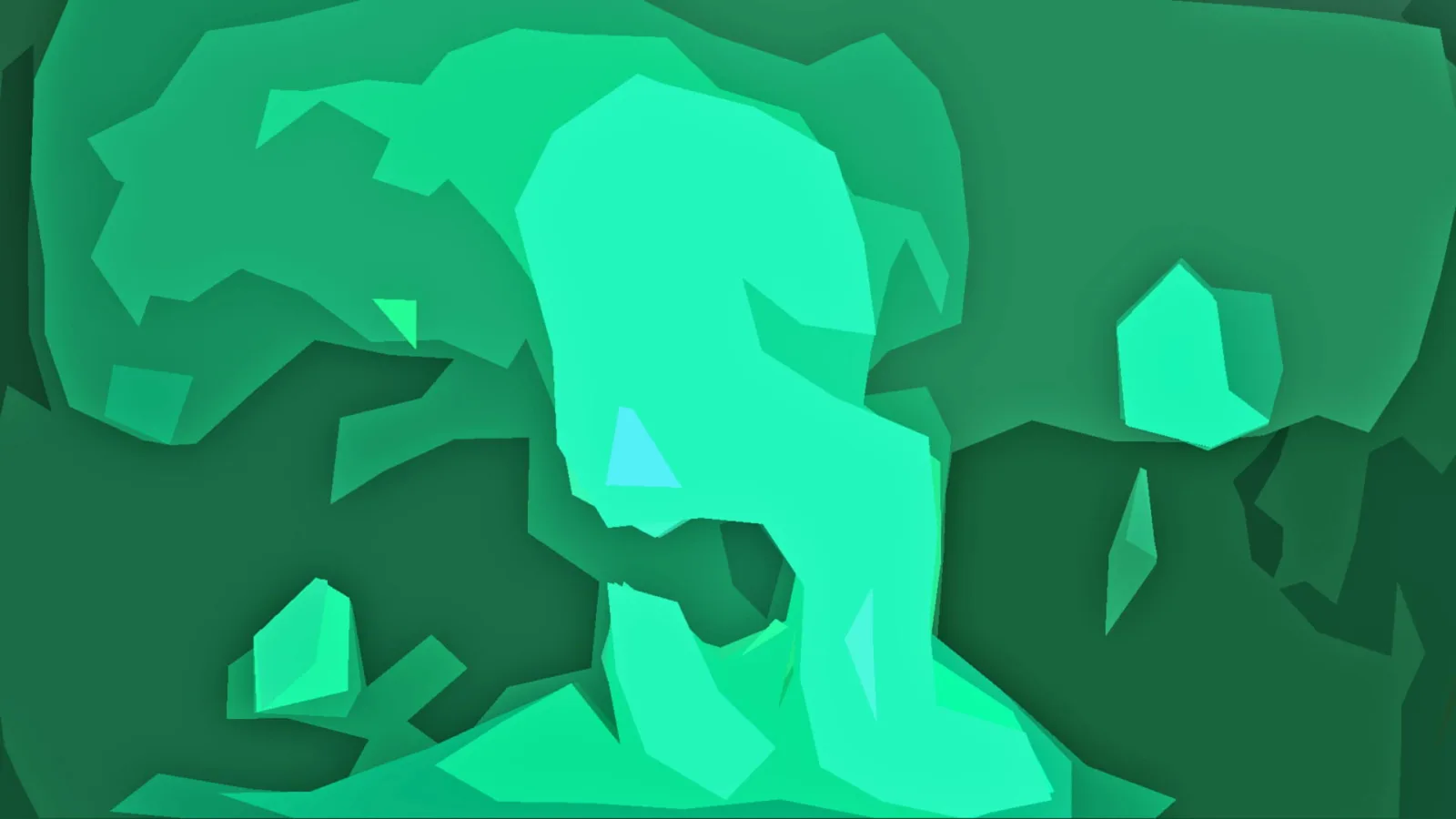 Abstrakte Komposition aus flachen, grünen Polygonen. In der Mitte hebt sich eine helle türkisfarbene Form ab, die an einen gebogenen Baum oder eine Figur erinnert, umgeben von dunkleren Grüntönen.