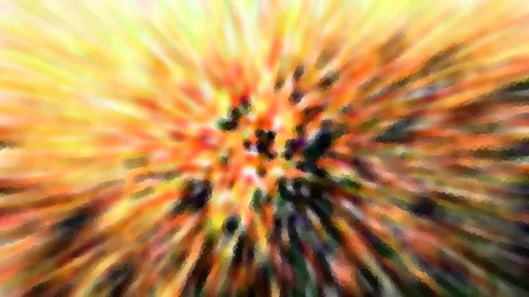 Abstrakte Komposition aus leuchtendem Gelb, Orange und Rot, radial verwischt, mit dunklen Flecken im Zentrum und pixeligem Muster.