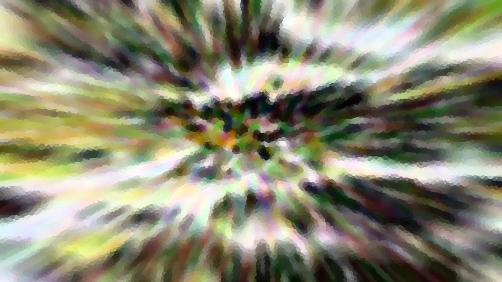 Abstrakte Komposition aus grünen, weißen und dunklen Farbstreifen, die von einem zentralen Punkt radial nach außen strahlen.