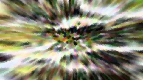 Abstrakte Komposition aus grünen, weißen und dunklen Farbstreifen, die von einem zentralen Punkt radial nach außen strahlen.