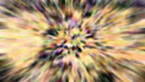 Abstrakte Komposition aus verwischten, bunten Farbstrahlen, die von einem hellen Zentrum nach außen laufen und grob gepixelt sind, in Gelb, Grün, Violett und Rosa.