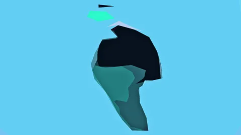Dunkelblauer und türkisfarbener facettierter Formen auf hellblauem Hintergrund, darüber ein kleines türkises Dreieck und ein dünner schwarzer Keil.