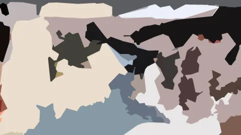 Abstrakte Komposition aus unregelmäßigen Flächen in Beige, Schwarz, Grau, Dunkelgrün und Rosa, mit weißen Akzenten oben rechts.