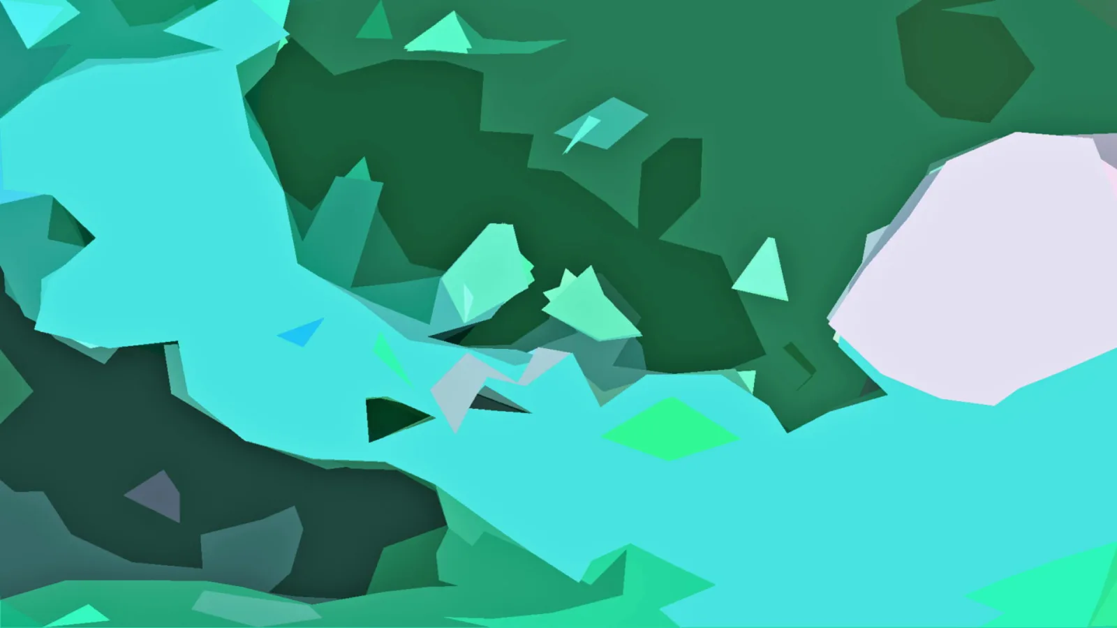 Abstrakte Komposition aus kantigen, flächigen Formen in Türkis, Mintgrün und dunklerem Grün, rechts ein großes blassviolettes Polygon.