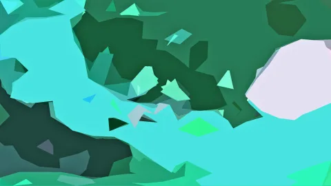 Abstrakte Komposition aus kantigen, flächigen Formen in Türkis, Mintgrün und dunklerem Grün, rechts ein großes blassviolettes Polygon.