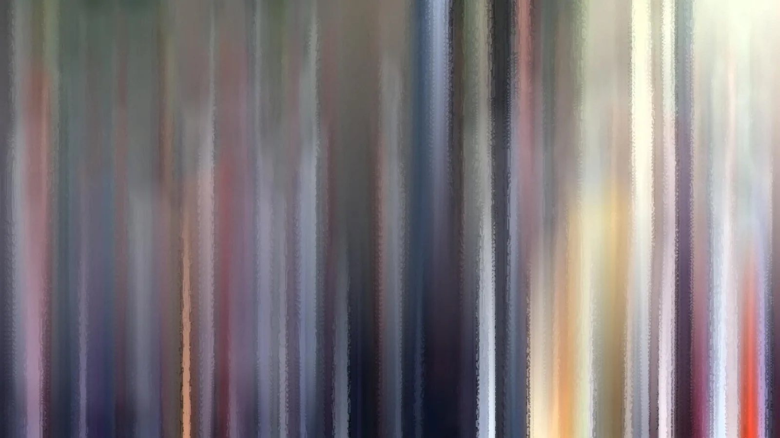 Abstrakte Komposition aus senkrechten, verwischten Farbstreifen in Grau, Blau, Rosa und Cremeweiß, rechts mit warmen Gelb- und Orangetönen.