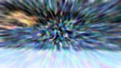 Abstrakte Komposition aus bunten, radial vom Zentrum ausstrahlenden Schlieren in Blau, Grün und Gelb, nach unten heller werdend.