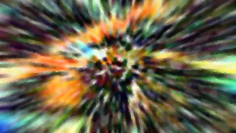 Abstraktes Bild mit bunten, radial von der Mitte nach außen laufenden Streifen in Orange, Grün, Violett und Gelb, Mosaik-artig verpixelt.