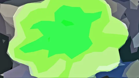Abstrakte Komposition mit einer grünen, wellenförmigen Fläche in mehreren Abstufungen vor einem Hintergrund aus grauen und dunkelblauen Polygonen.