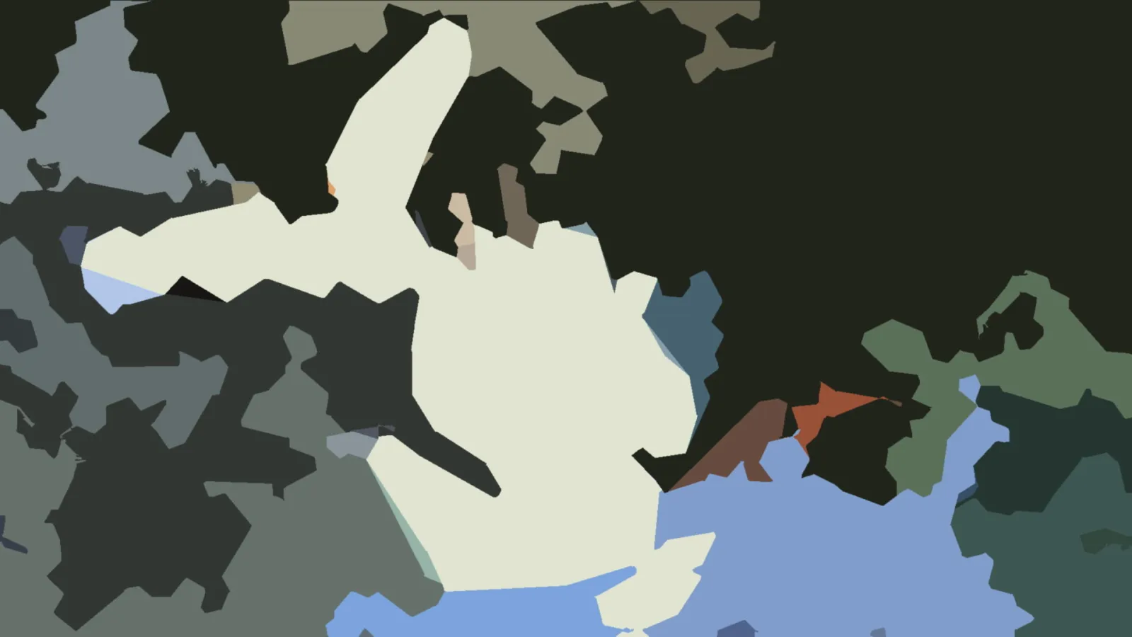 Abstrakte Komposition aus flachen, kantigen Farbfeldern in Creme, Anthrazit, Grau, Blau und Rostbraun.