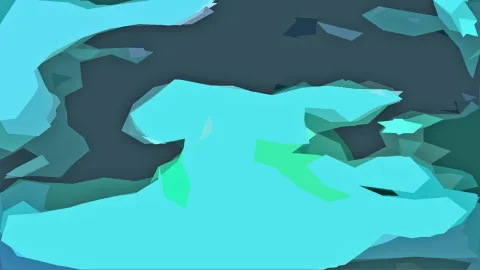 Abstrakte Komposition aus türkisfarbenen und grünen Flächen mit kantigen Rändern auf dunklem, schiefergrauem Hintergrund.