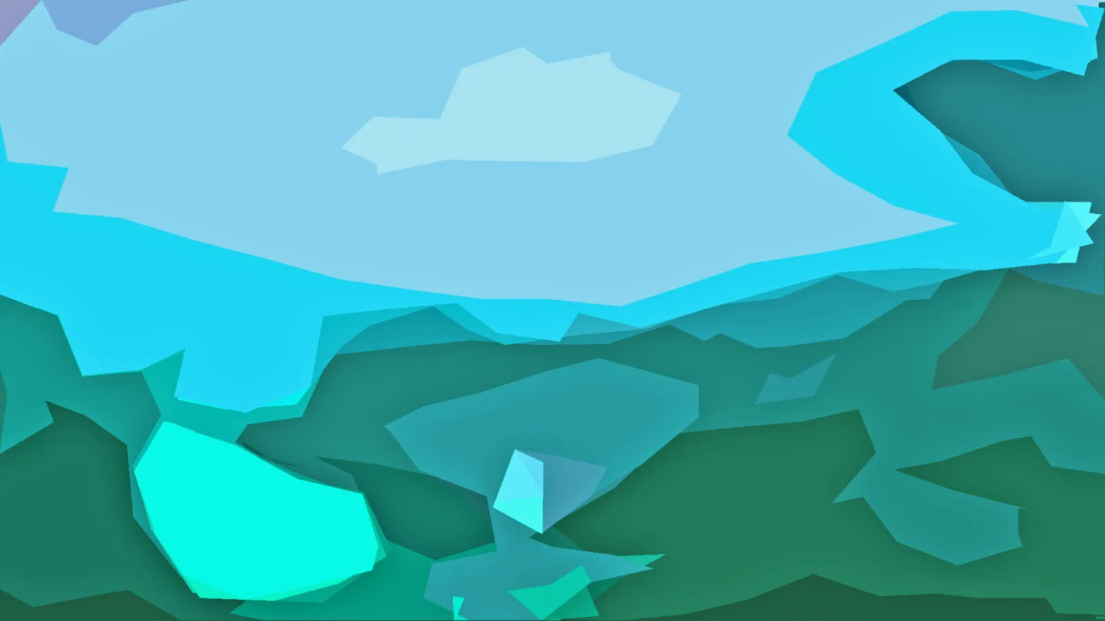 Abstrakte Landschaft aus scharfkantigen Flächen in Hellblau, Türkis und Grün, oben ein heller Himmel mit einer einzelnen Wolkenform, unten dunklere grüne Hügel.