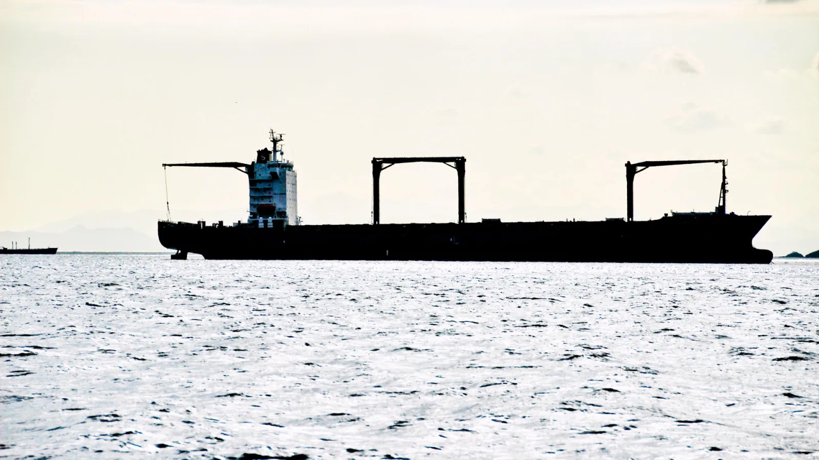 Silhouette eines großen Frachtschiffs mit Kränen und Brücke auf ruhigem, grauem Meer unter hellem Himmel.