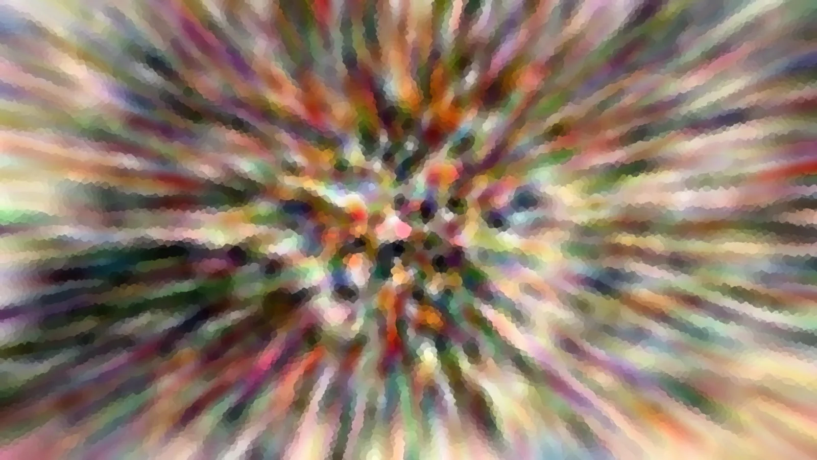 Abstraktes Bild mit bunten Streifen, die radial von einem zentralen Punkt nach außen laufen, verschwommen und mosaikartig gepixelt.