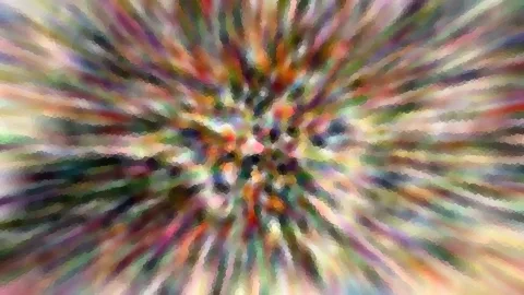 Abstraktes Bild mit bunten Streifen, die radial von einem zentralen Punkt nach außen laufen, verschwommen und mosaikartig gepixelt.