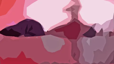 Abstrakte Komposition aus rosa, rotem und violettem Flächen mit einer hellen Zone oben.