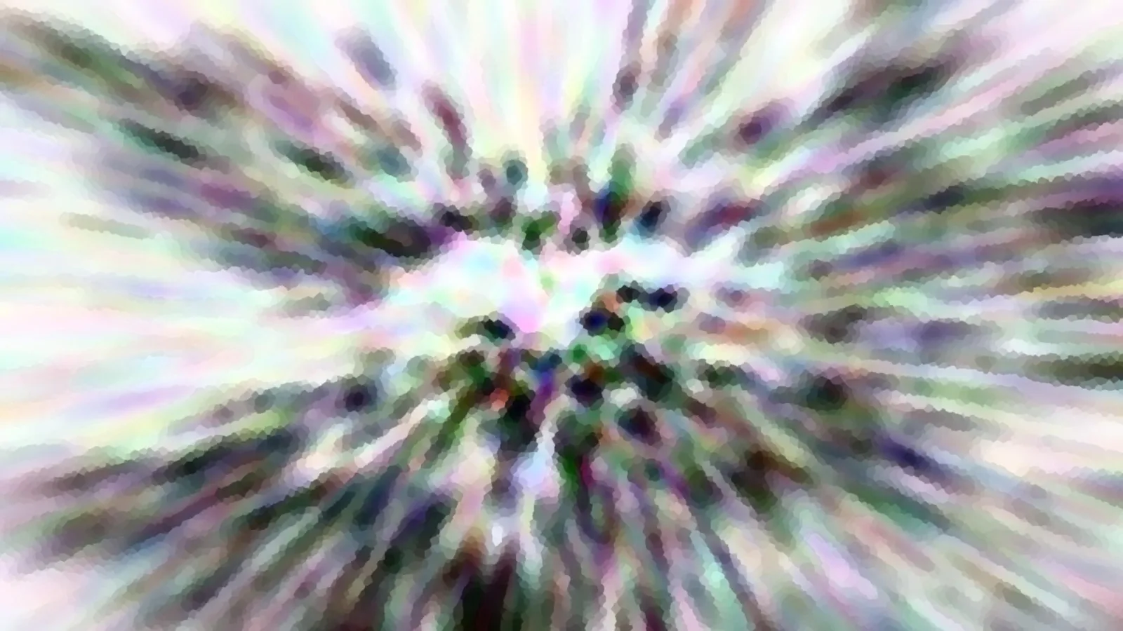 Abstrakte, radial verwischte Farbstrahlen in Weiß, Rosa, Grün und Dunkelblau, die aus einem hellen Zentrum nach außen laufen.