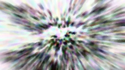 Abstrakte, radial verwischte Farbstrahlen in Weiß, Rosa, Grün und Dunkelblau, die aus einem hellen Zentrum nach außen laufen.