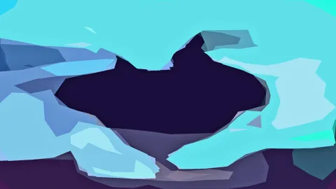 Abstrakte Komposition aus türkisen und blauen Flächen mit einer dunklen, fast schwarzen Form in der Mitte.