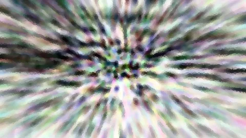 Abstraktes Bild mit bunten Streifen in Grün, Violett und Weiß, die von der Mitte radial nach außen laufen und mosaikartig verpixelt wirken.