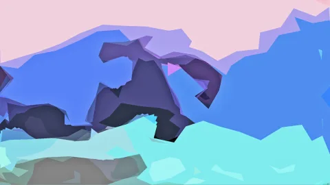 Abstrakte Komposition aus kantigen, flächigen Formen in Blau, Violett, Türkis und Rosa, mit dunklen Schattenformen im Zentrum.