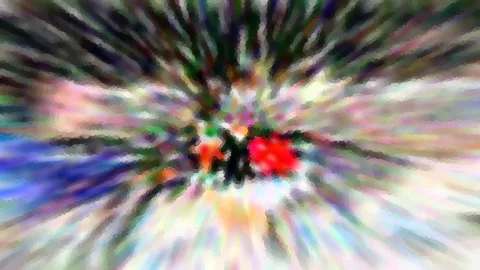 Abstrakte, radial verwischte Komposition in Regenbogenfarben mit einem leuchtend roten Zentrum und dunklen Strahlen, die vom Mittelpunkt nach außen laufen.