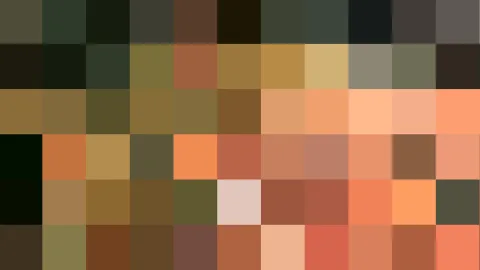Pixelmosaik aus quadratischen Feldern in Braun, Ocker, Orange und Olivgrün.
