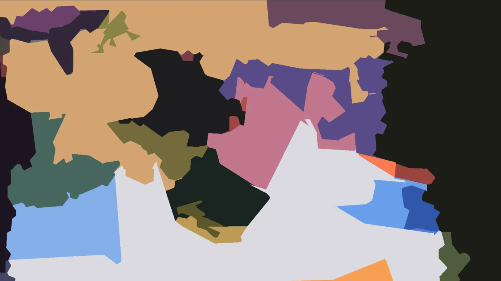 Abstraktes Bild aus unregelmäßigen Farbflächen in Ocker, Violett, Rosa, Hellgrau und Dunkelgrün.