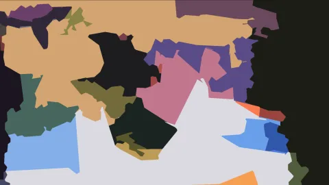 Abstraktes Bild aus unregelmäßigen Farbflächen in Ocker, Violett, Rosa, Hellgrau und Dunkelgrün.
