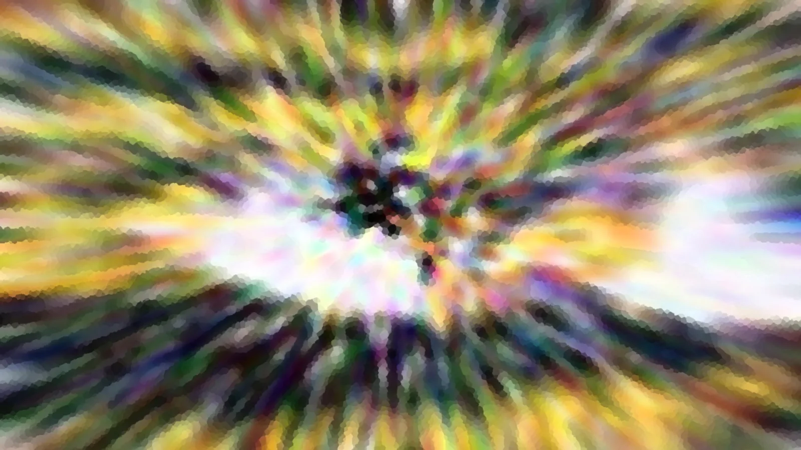 Abstraktes Bild mit radial von einem dunklen Zentrum nach außen laufenden, bunten Schlieren in Gelb, Grün, Violett und Weiß, leicht gepixelt.