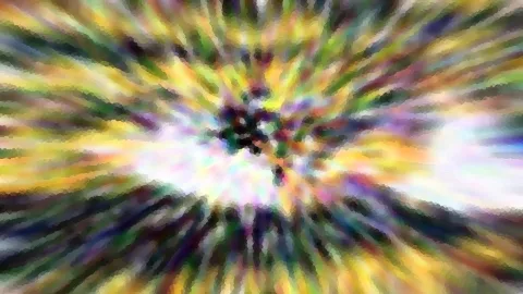 Abstraktes Bild mit radial von einem dunklen Zentrum nach außen laufenden, bunten Schlieren in Gelb, Grün, Violett und Weiß, leicht gepixelt.