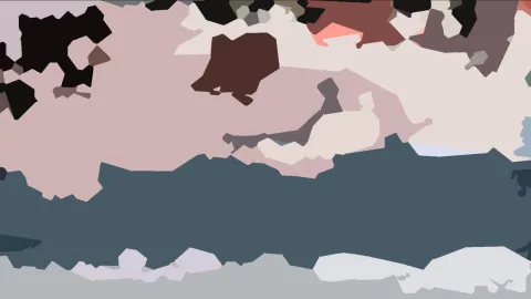 Abstrakte Komposition aus unregelmäßigen Flächen in Rosa, Schwarz, Dunkelblau und Grau, mit einem hellen Streifen am unteren Rand.
